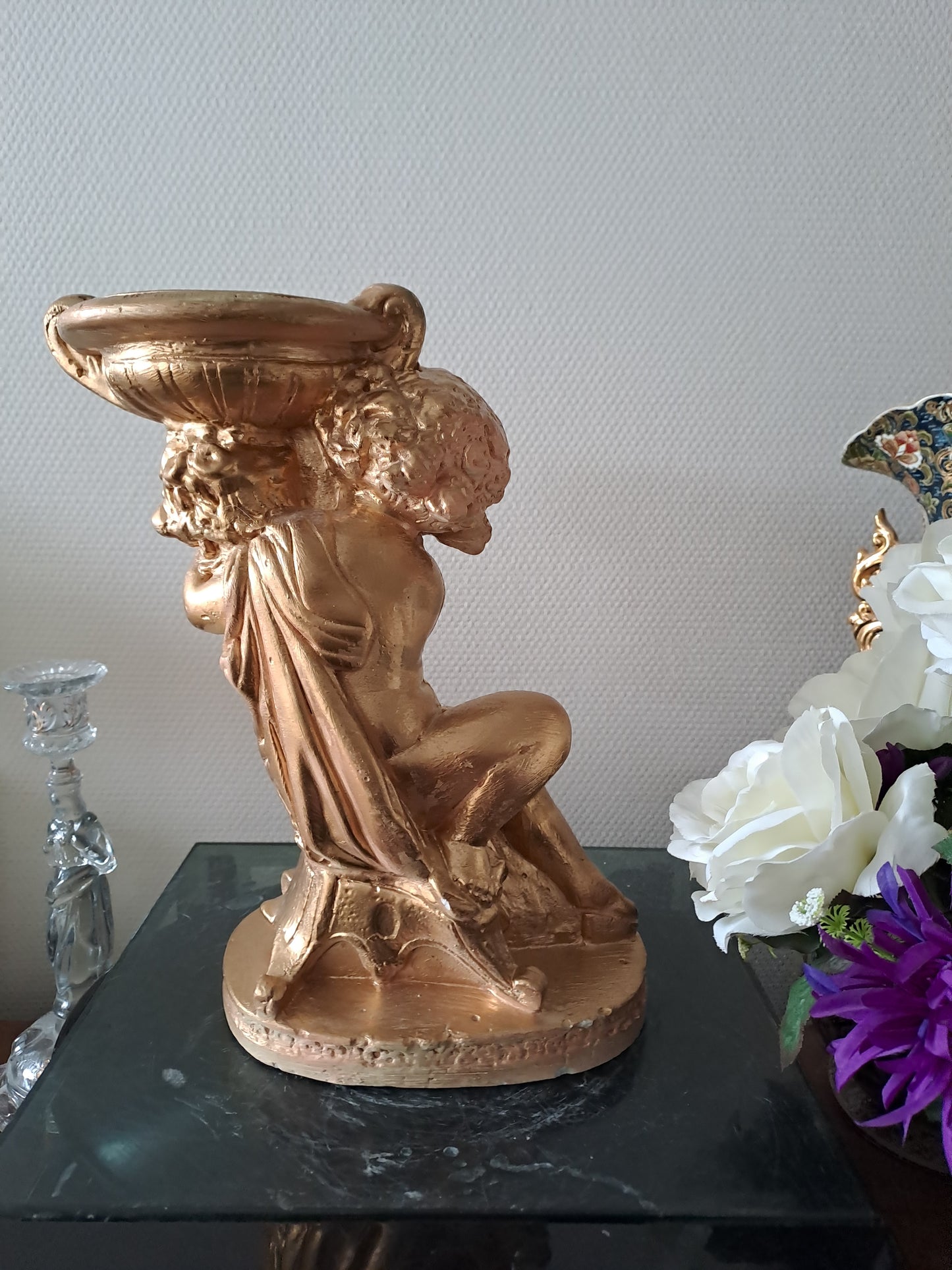 Ange D'Église Porte Bougies candélabre Bougeoir En Plâtre Doré À La Feuille D'Or.