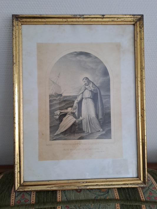 Gravure représentant Jésus marchant sur les eaux.