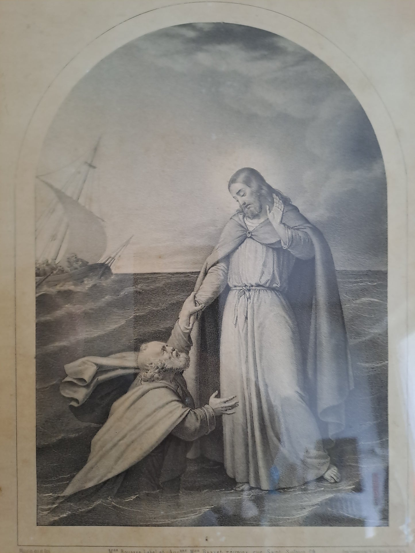 Gravure représentant Jésus marchant sur les eaux.