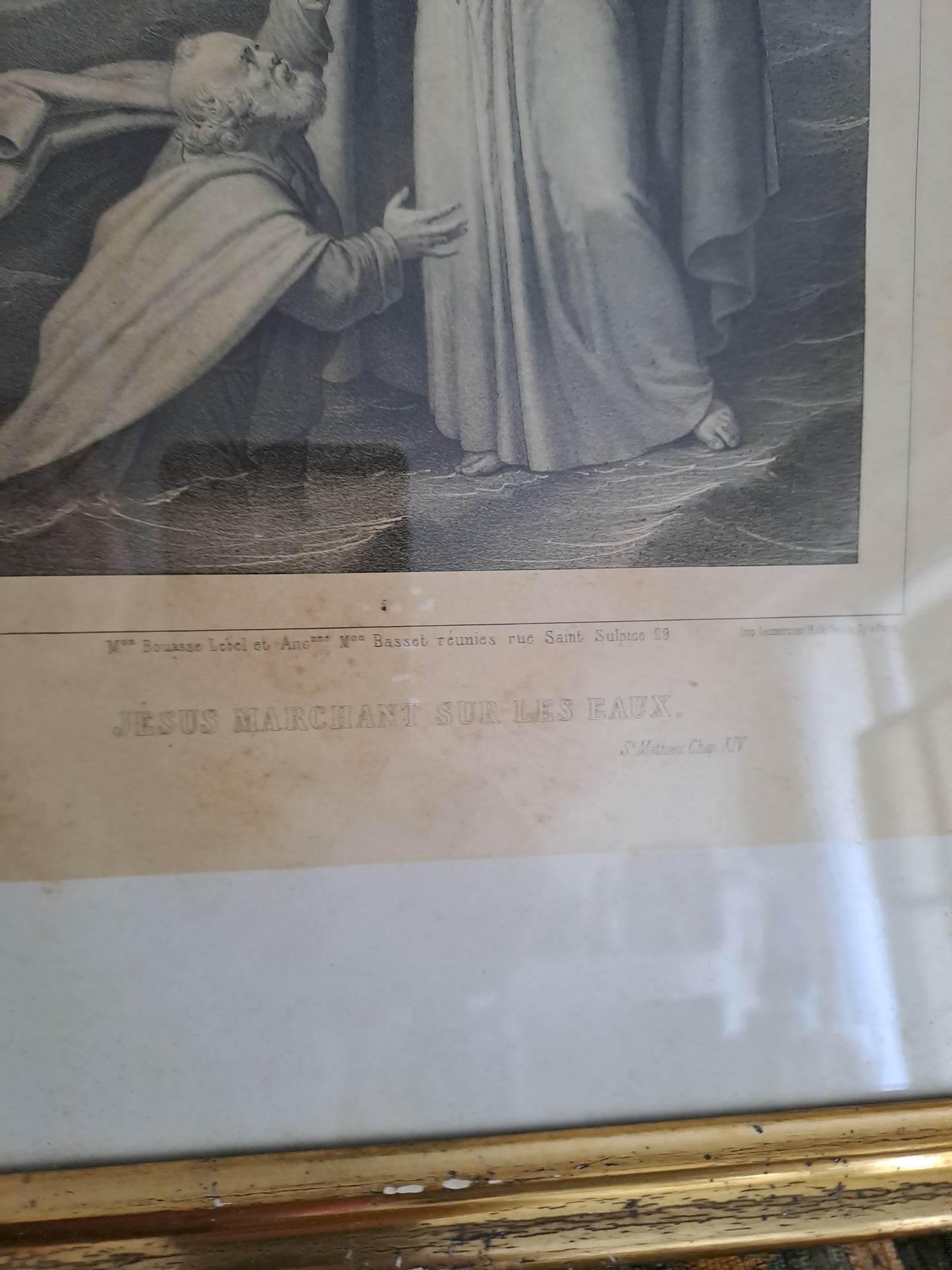 Gravure représentant Jésus marchant sur les eaux.