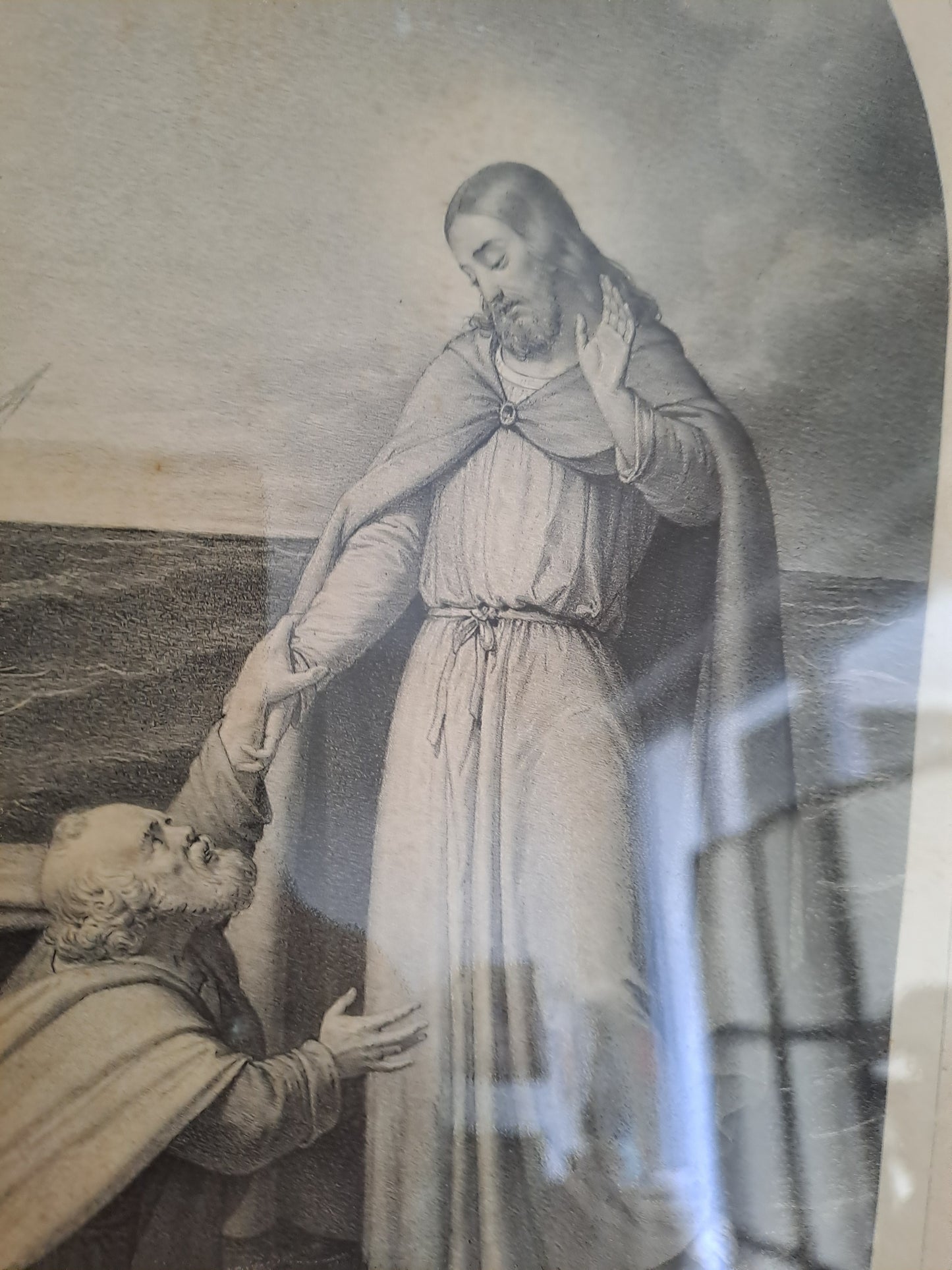 Gravure représentant Jésus marchant sur les eaux.