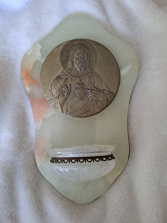 Benitier Sacré-coeur de Jesus en onyx. Vers 1850. Ancien decoration vintage catholique.