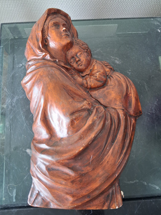 Statue sainte-Vierge Marie et enfant Jesus en relief Ancienne decoration Vintage Catholique