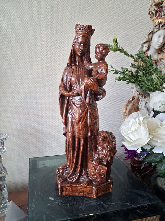Statue Sainte Vierge Marie tenant l’enfant Jesus au lion Ancienne decoration vintage catholique