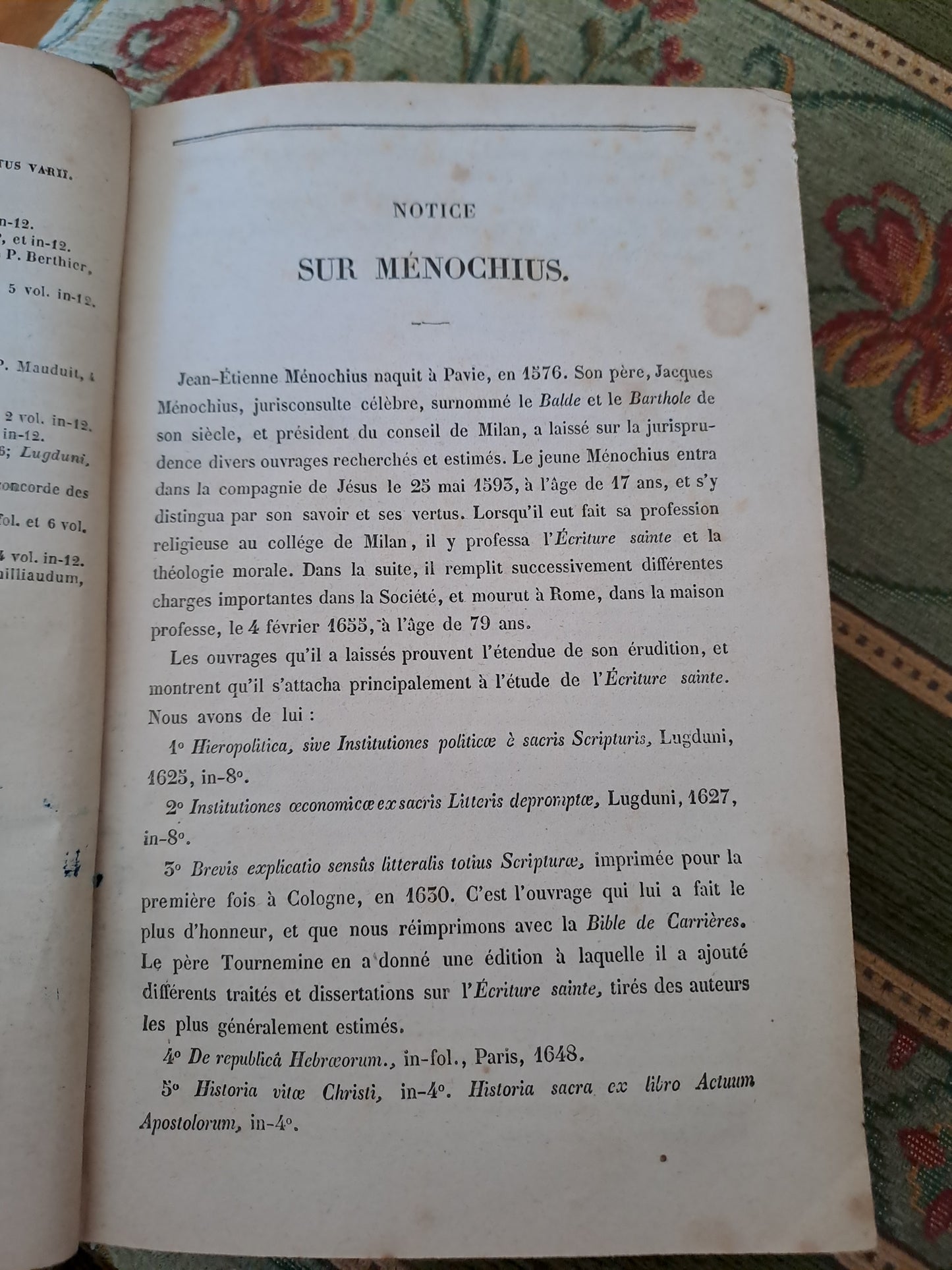 Sainte Bible. T1. 1854. Commentaires De Menochius. Français et latin.