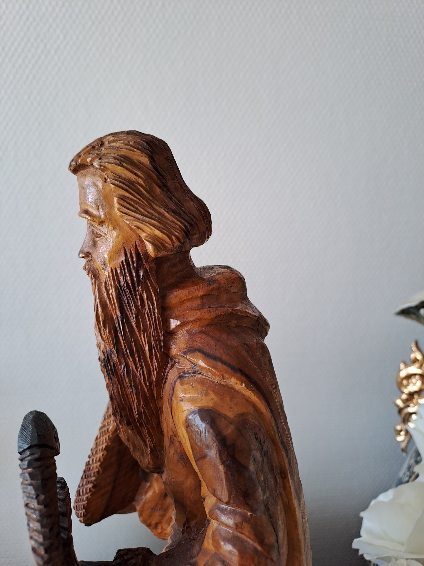 Statue/ Sculpture en bois représentant Moïse avec les tables de la lois et le serpent d'airain. Ancien decoration vintage catholique.