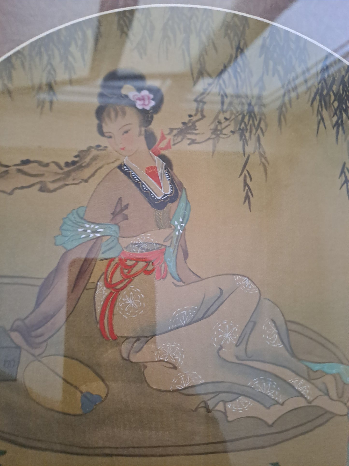Cadre Geisha/ Concubine. Signé. Peinture Sur Papier De Riz. Ancien tableau vintage.