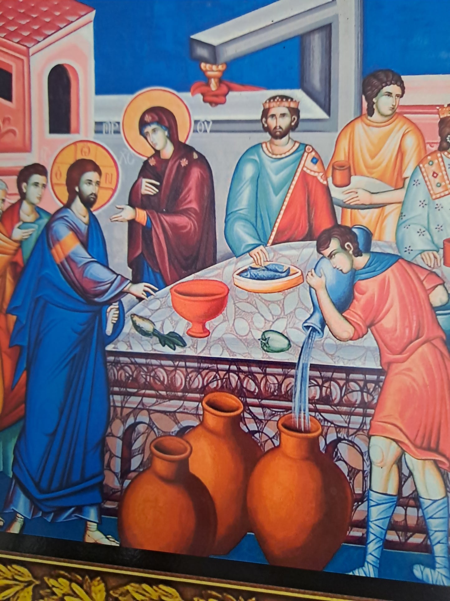 Icône Représentant les noces de Cana. 42 cm X 32 cm X 1.8 cm.