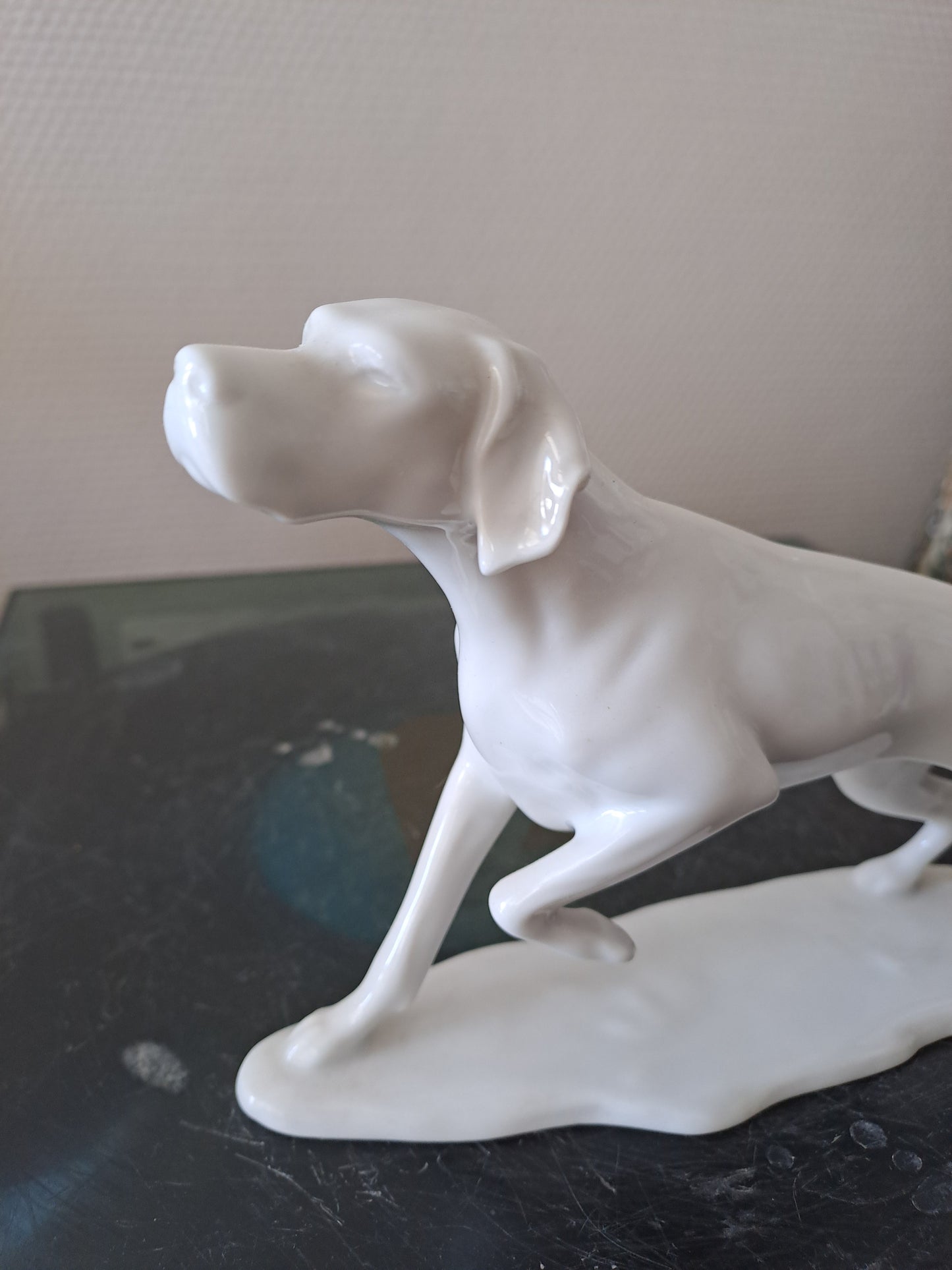 Chien de chasse à l'arrêt. Porcelaine. A K. Kaiser couronne. Numéroté.