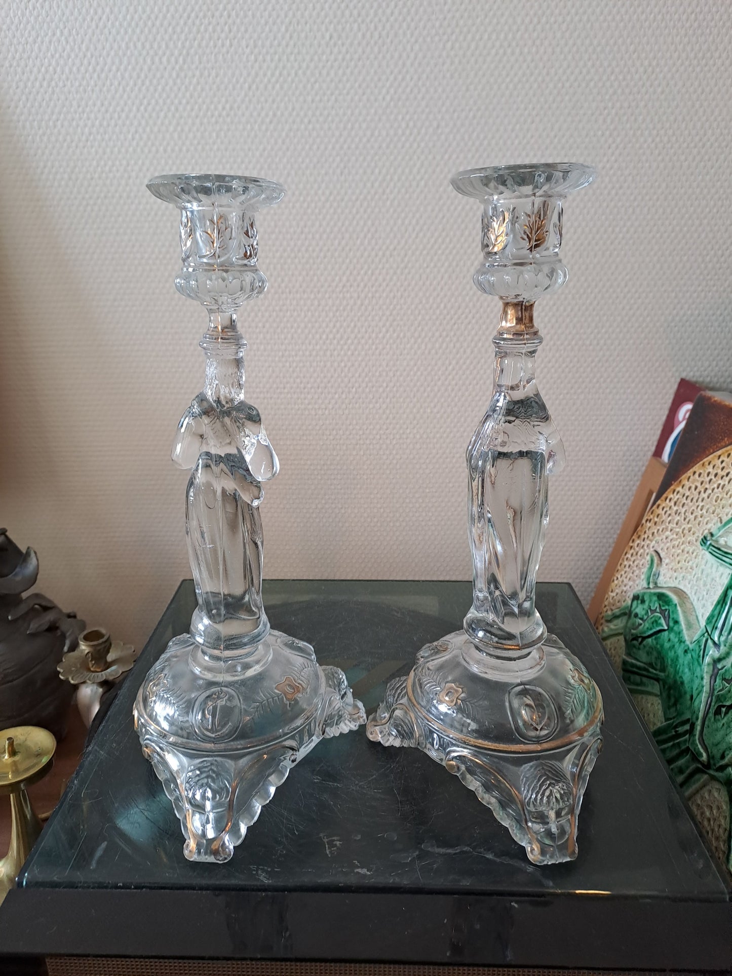 Paire de bougeoirs Sacré-Cœurs De Jésus Et Sainte Vierge Marie. Val saint lambert. Ancien Vintage catholique.