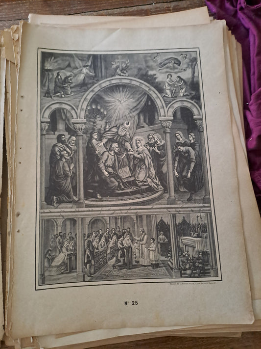 Gravure. Le mariage. Ancien decoration vintage catholique