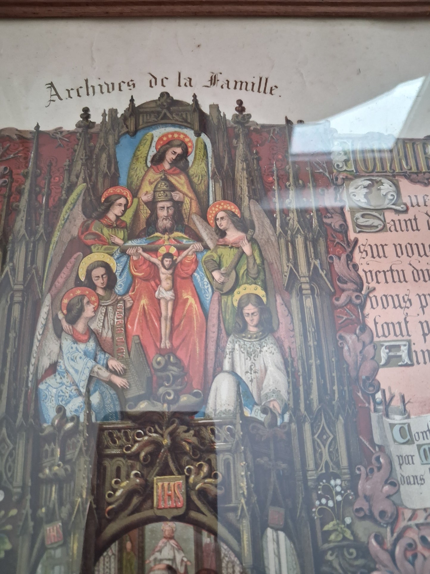 Tableau chromolithographie Archives de la famille 1919 Ancien decoration vintage catholique