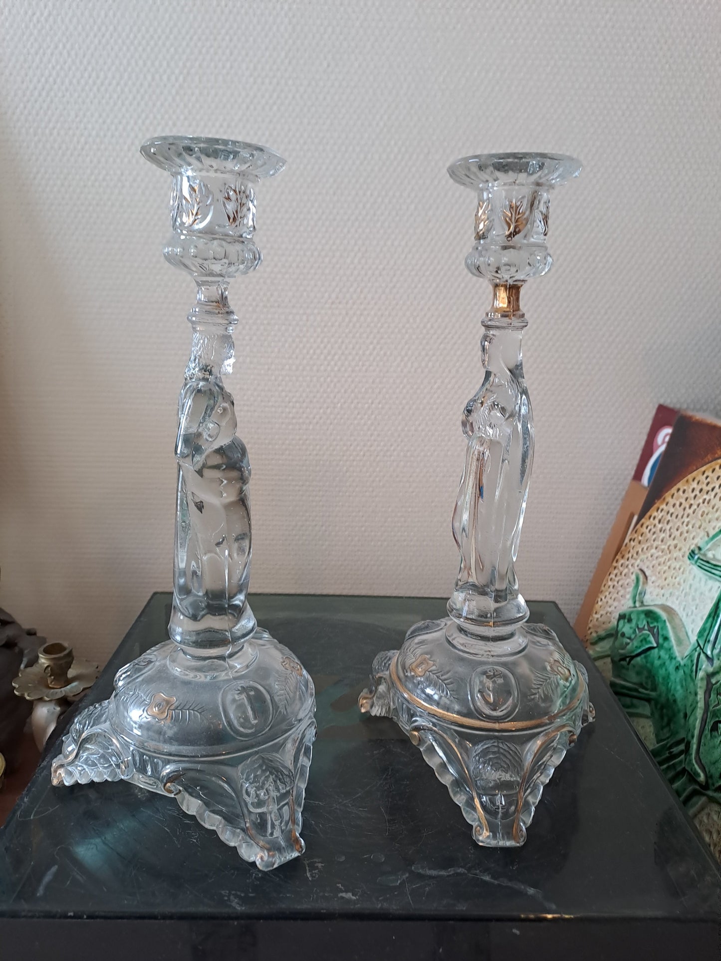 Paire de bougeoirs Sacré-Cœurs De Jésus Et Sainte Vierge Marie. Val saint lambert. Ancien Vintage catholique.