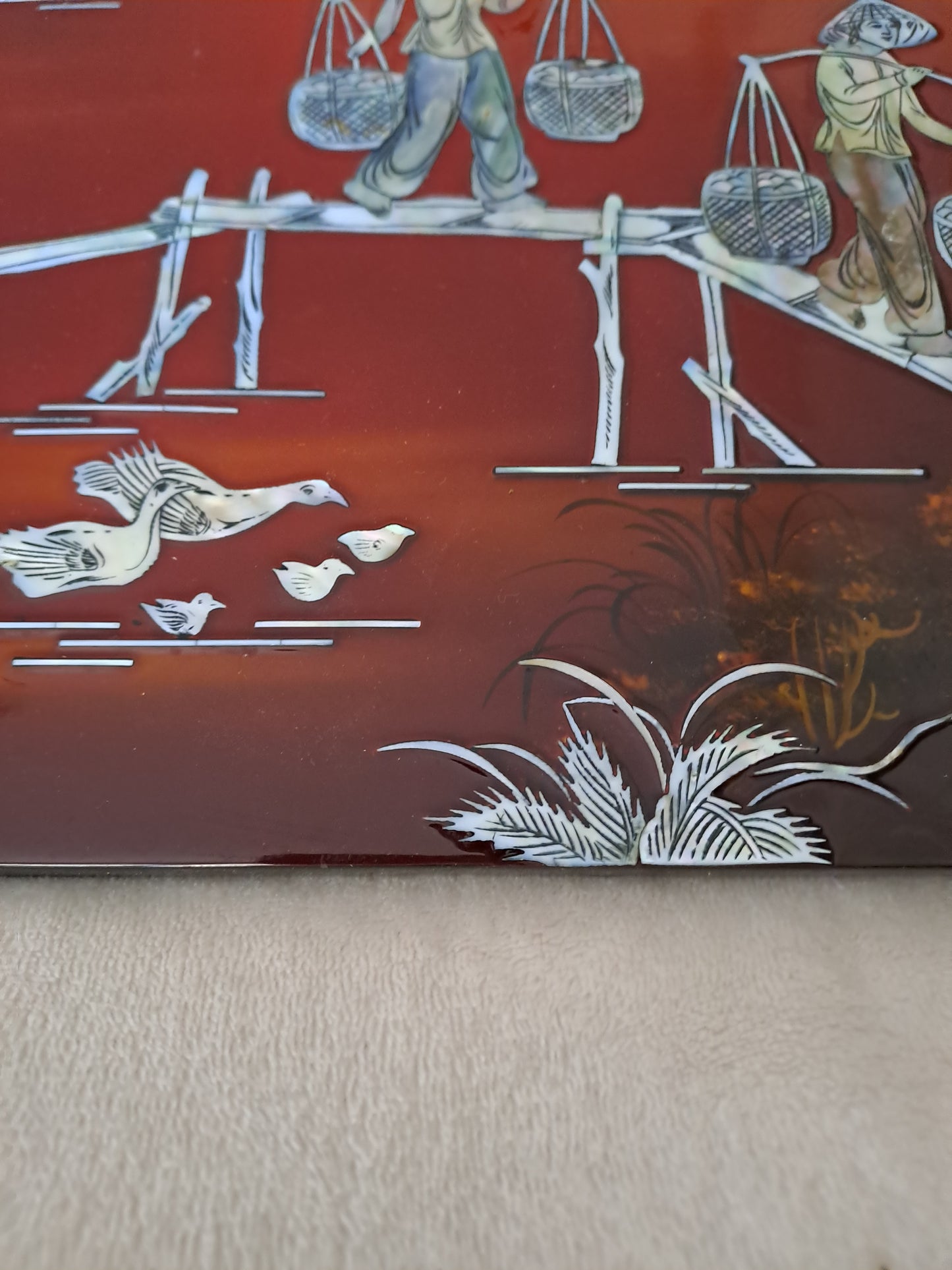 Panneau De Laque Marquetés Instration De Nacre. Ancien décoration vintage asie asiatique.