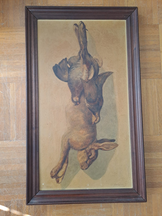 Nature Morte Aux Lievre Et Ramiers. Chromolithographie. 68X 28 Cm. Signé. Ancien décoration vintage