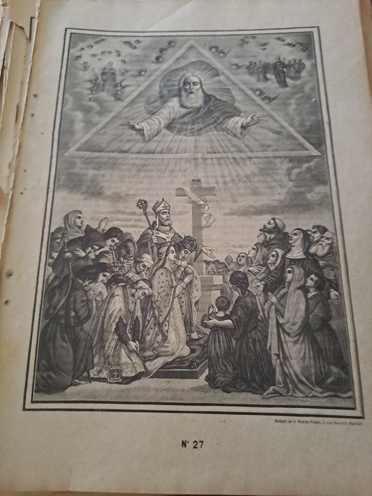 Gravure. 1er commandement. Ancien decoration vintage catholique