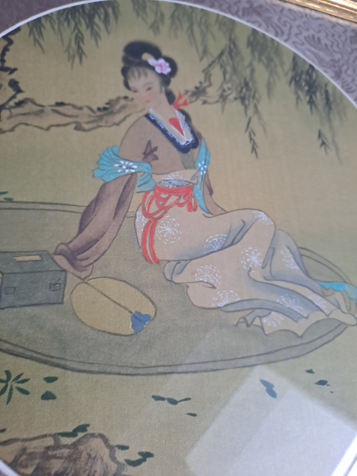 Cadre Geisha/ Concubine. Signé. Peinture Sur Papier De Riz. Ancien tableau vintage.