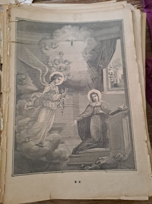 Gravure. L'annonciation. Ancien decoration vintage catholique