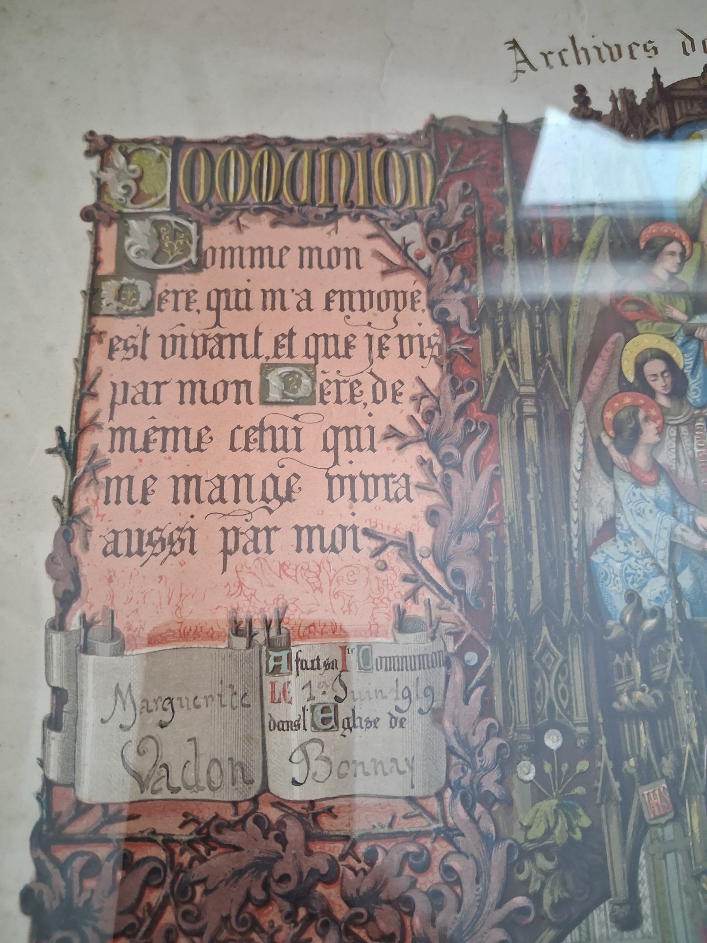 Tableau chromolithographie Archives de la famille 1919 Ancien decoration vintage catholique