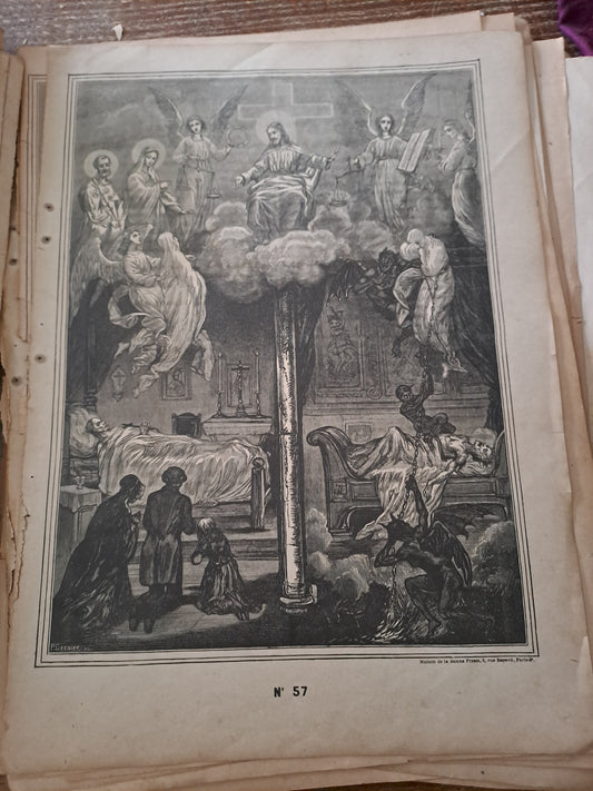 Gravure. Le jugement. Ancien decoration vintage catholique.