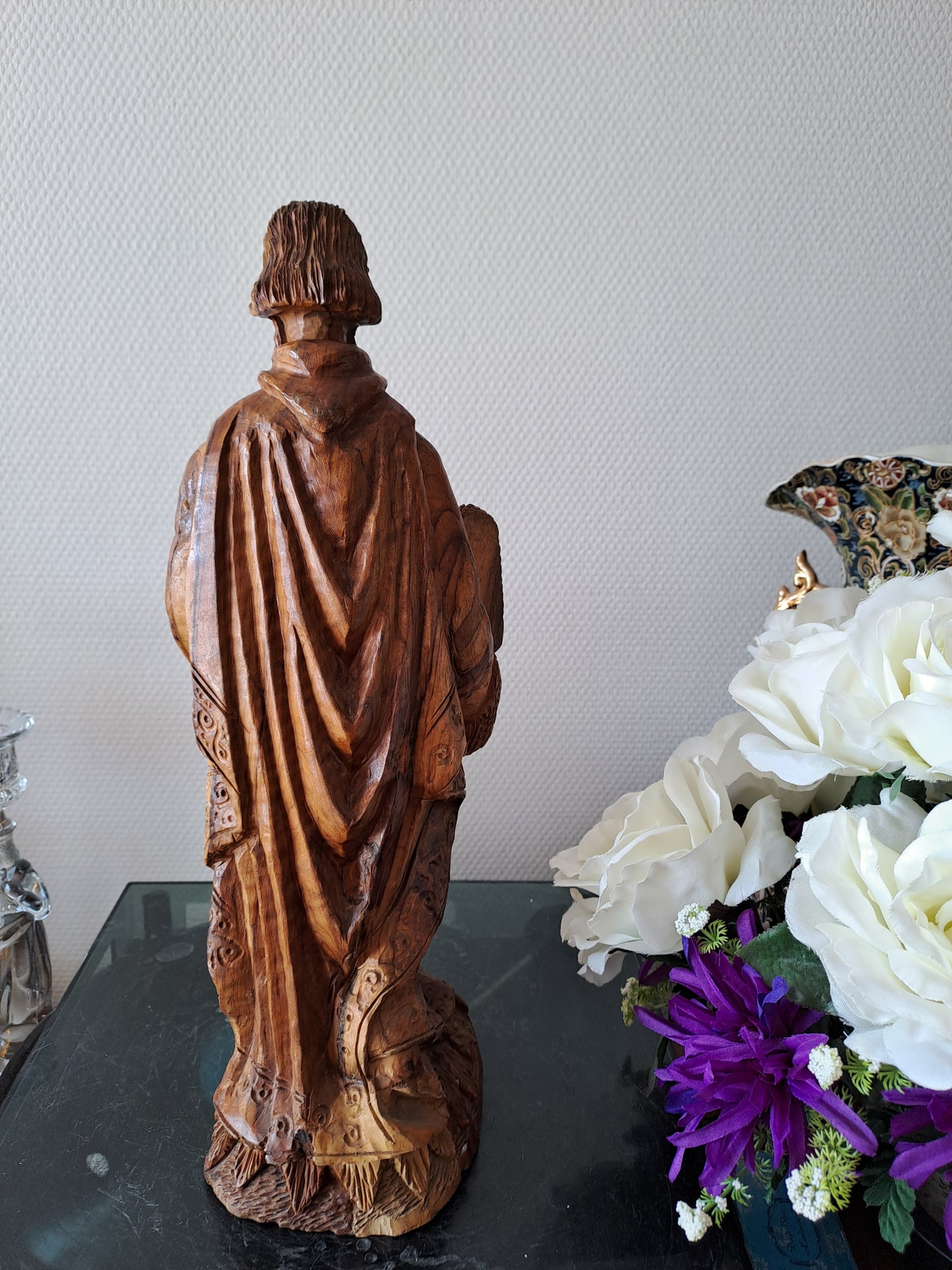 Statue/ Sculpture en bois représentant Moïse avec les tables de la lois et le serpent d'airain. Ancien decoration vintage catholique.