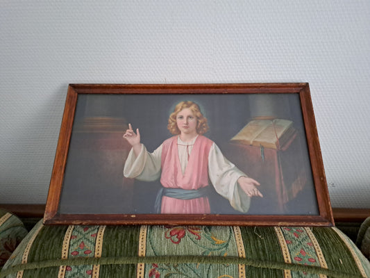 Tabeau Enfant Jesus parlant avec les pretres du temple de Jerusalem. Ancien decoration vintage catholique.