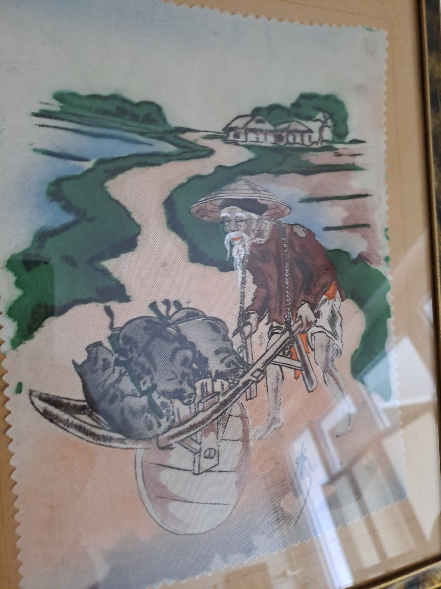 Cadre peinture sur soie. Indochine années 50.