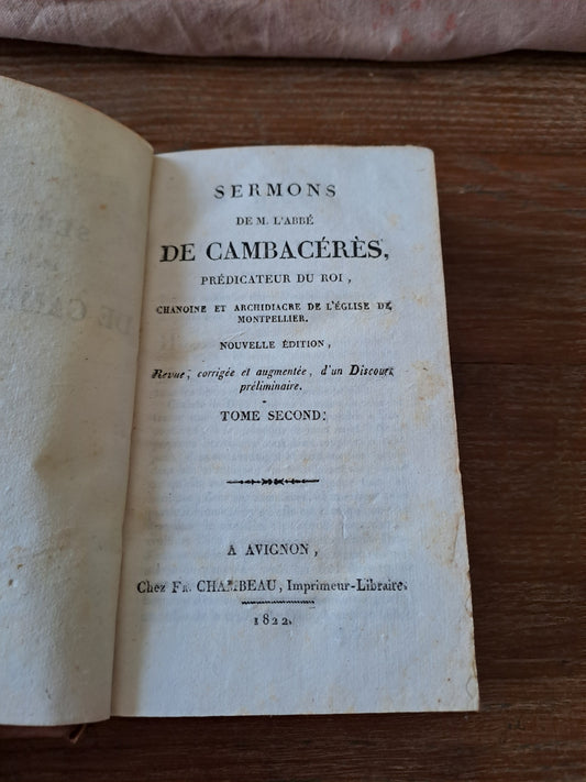 Sermons de l'abbé de Combaceres. T2. Prédicateur du Roi.  1822. Ancien livre vintage catholique.