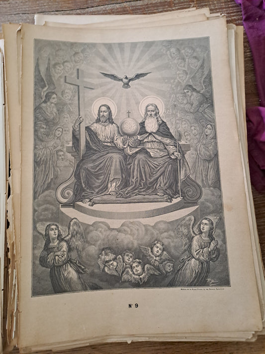 Gravure. Jesus a la droite du Père. Ancien decoration vintage catholique