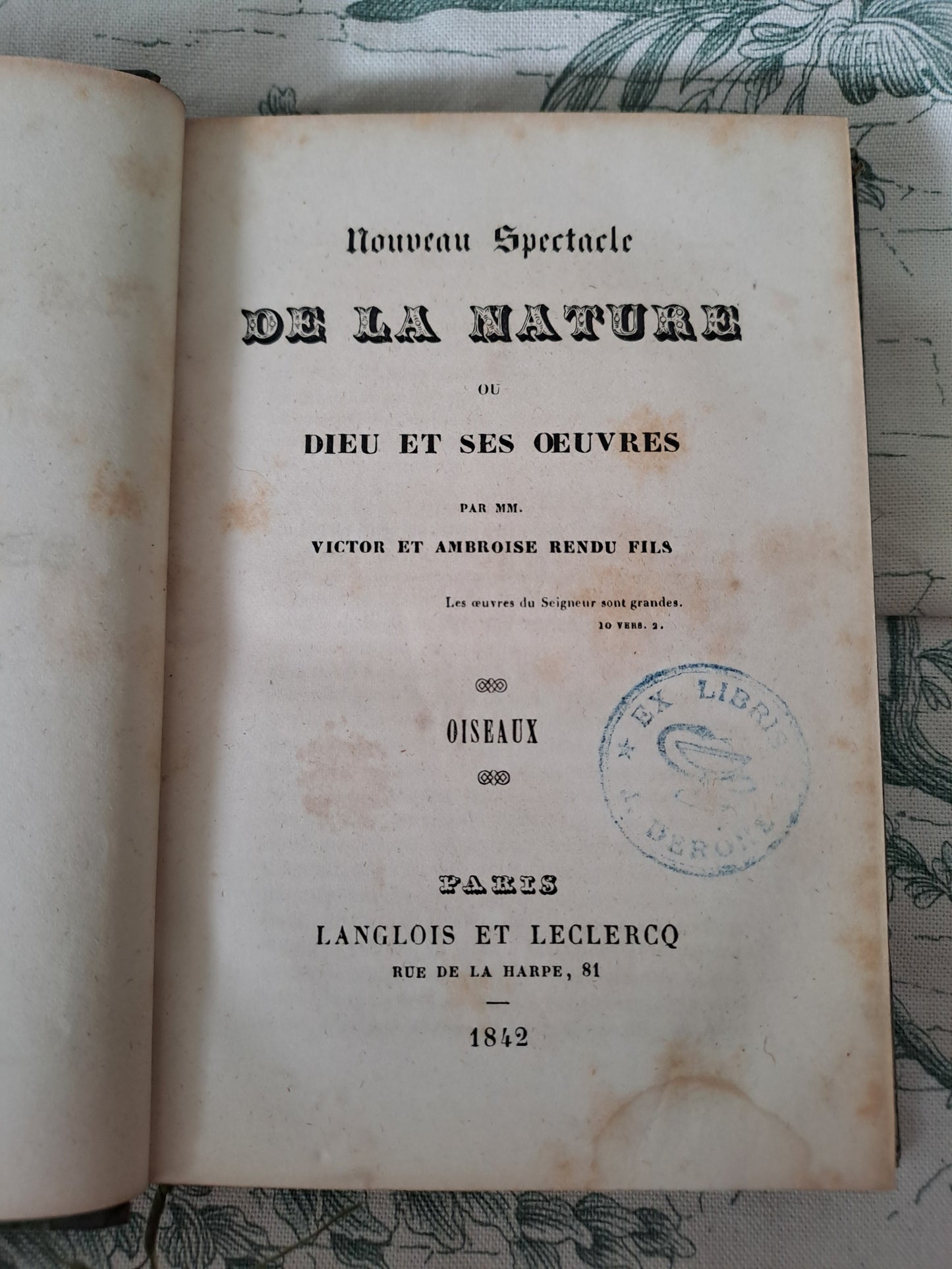 Oiseaux / reptiles et poissons. Nouveau spectacle de la nature ou Dieu et ses œuvres. 1842. Ancien livre vintage catholique.