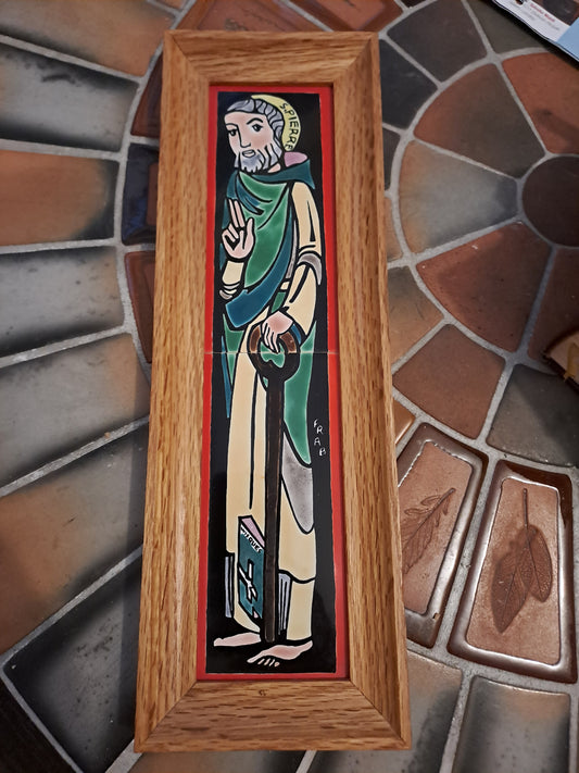 Carreaux represantant Saint-Pierre. Signé.cadre. ancien decoration vintage sacré-coeur.