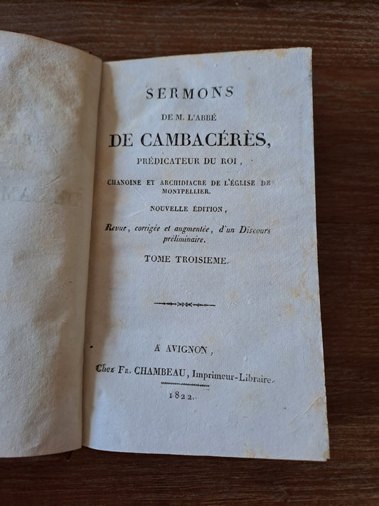 Sermons de l'abbé de Combaceres. T3. 1822. Ancien livre vintage catholique.