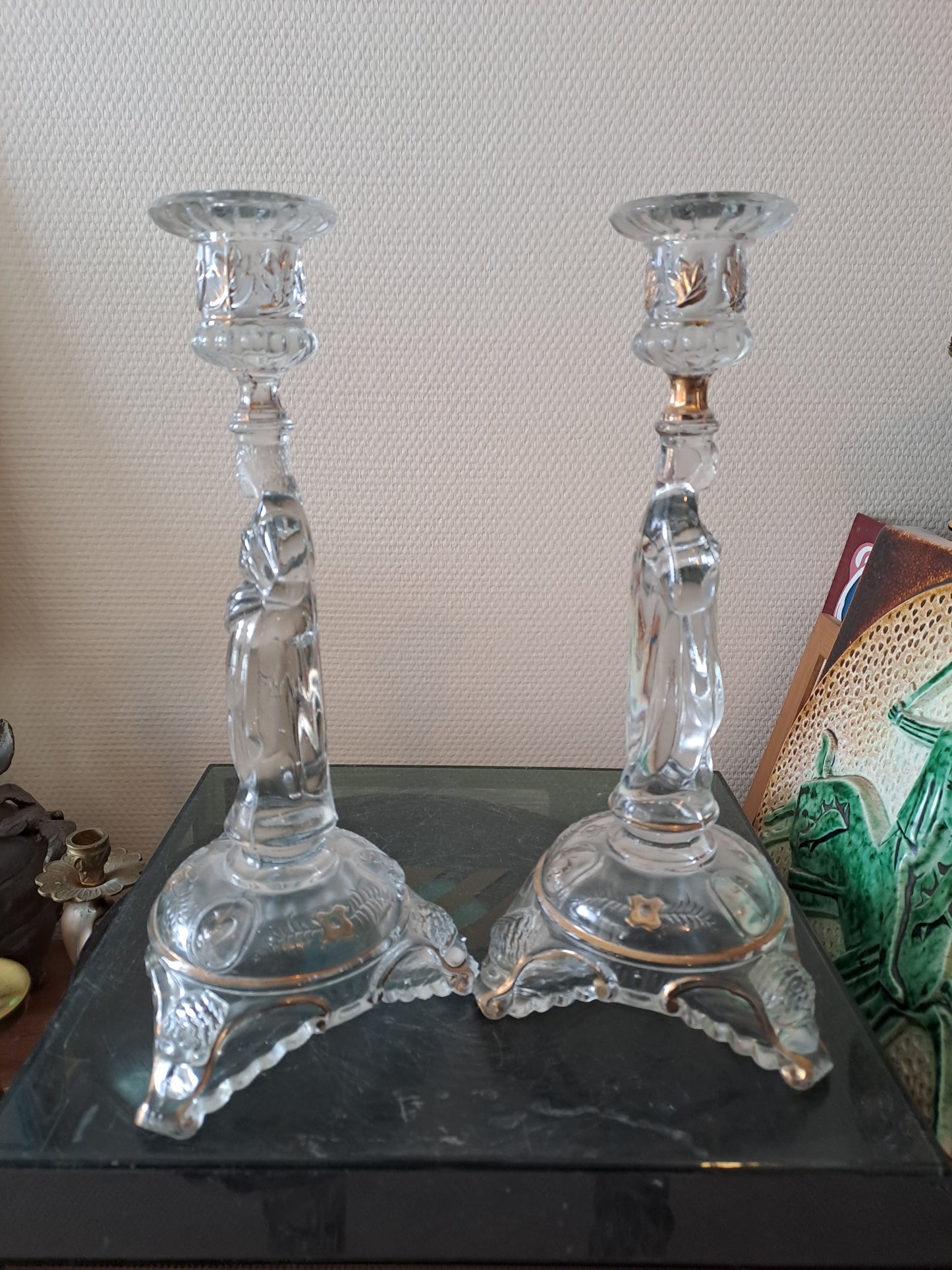 Paire de bougeoirs Sacré-Cœurs De Jésus Et Sainte Vierge Marie. Val saint lambert. Ancien Vintage catholique.