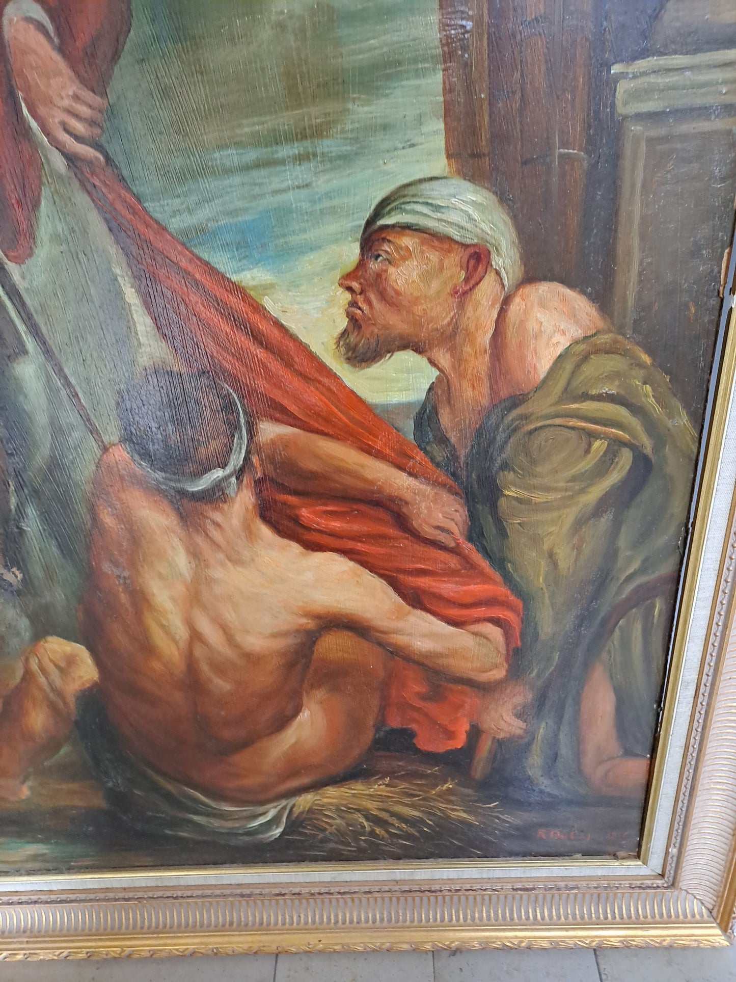 Tableau Saint-Martin et le mendiant d'après Van Dick. Signé. 125cm X 107 cm. Ancien vintage catholique sacré-coeur.