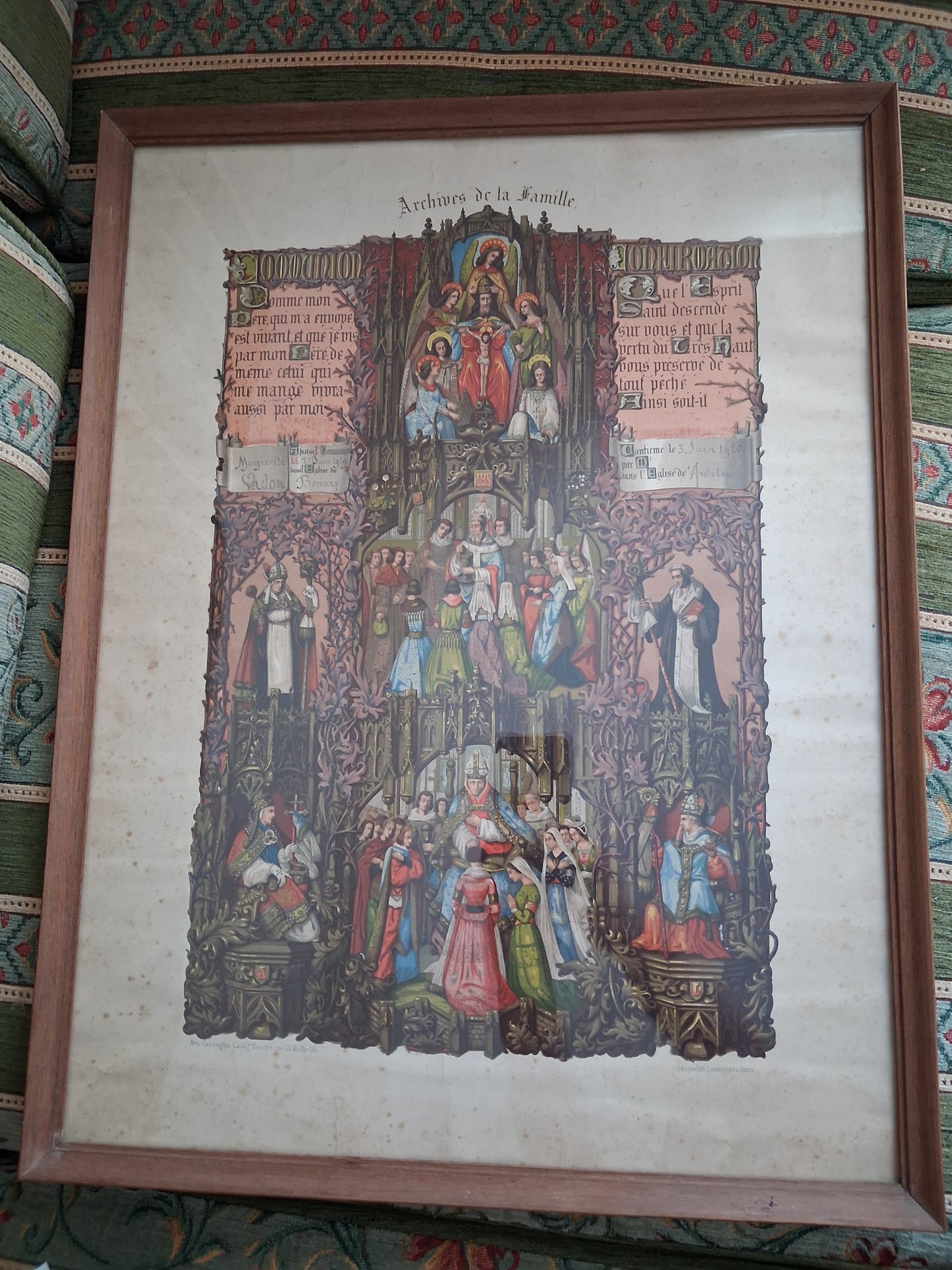 Tableau chromolithographie Archives de la famille 1919 Ancien decoration vintage catholique