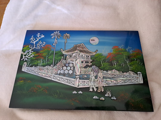 Panneau De Laque Marquetés Instration De Nacre. Balade nocturne. Ancien décoration vintage asiatique Asie.