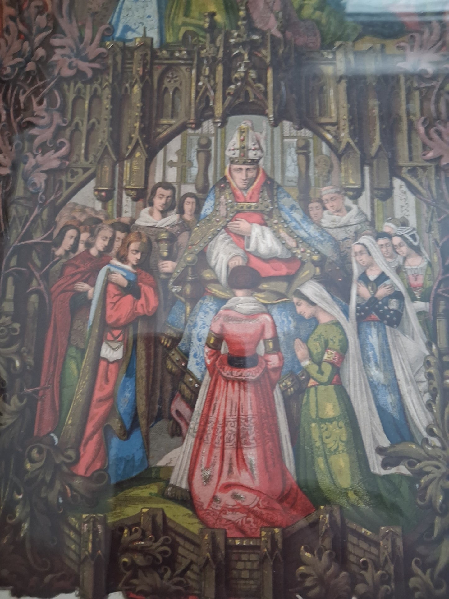 Tableau chromolithographie Archives de la famille 1919 Ancien decoration vintage catholique