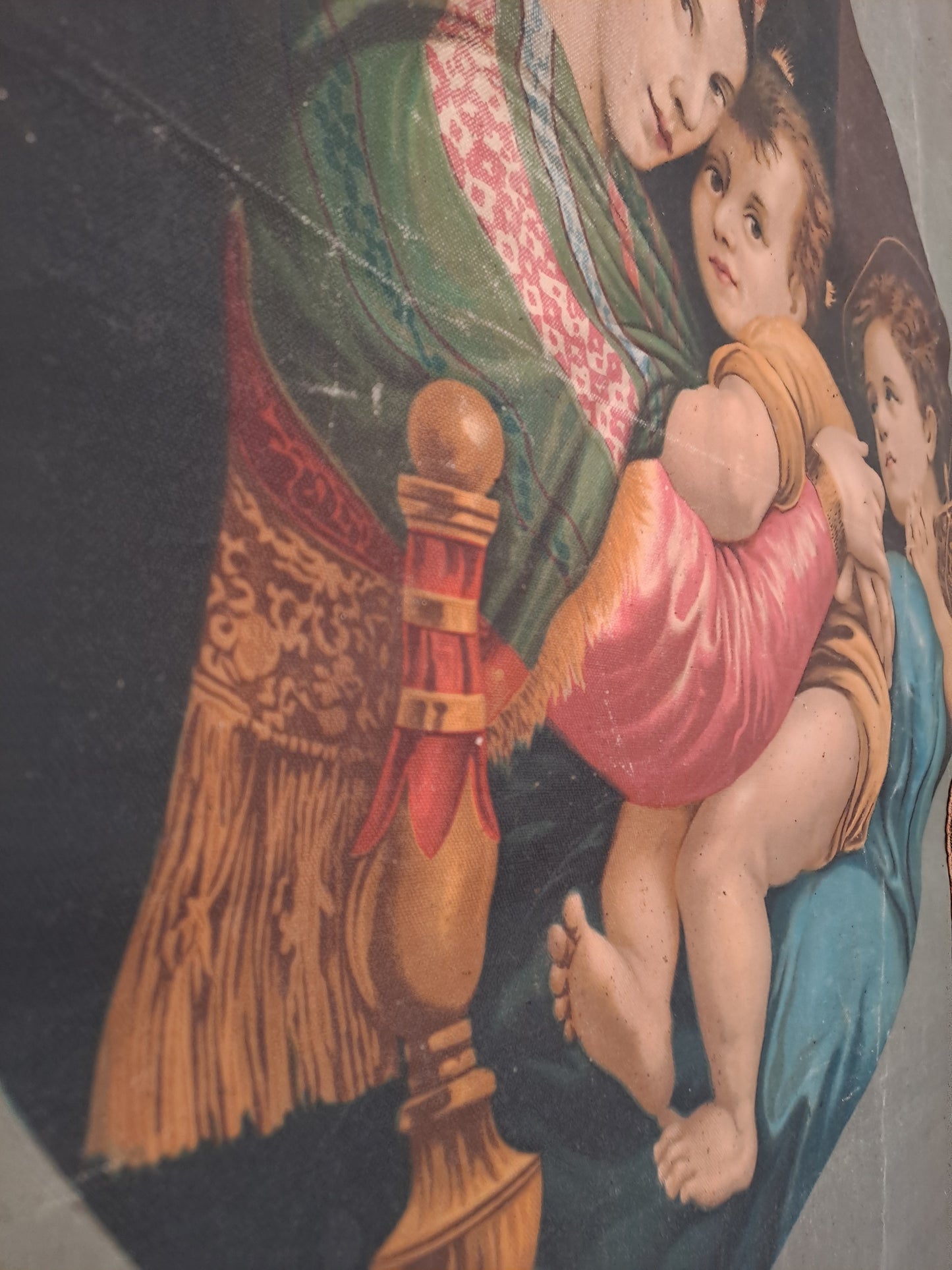 Bannière de processions. Vierge à la chaise d'après Raphaël. Ancien decoration vintage catholique.