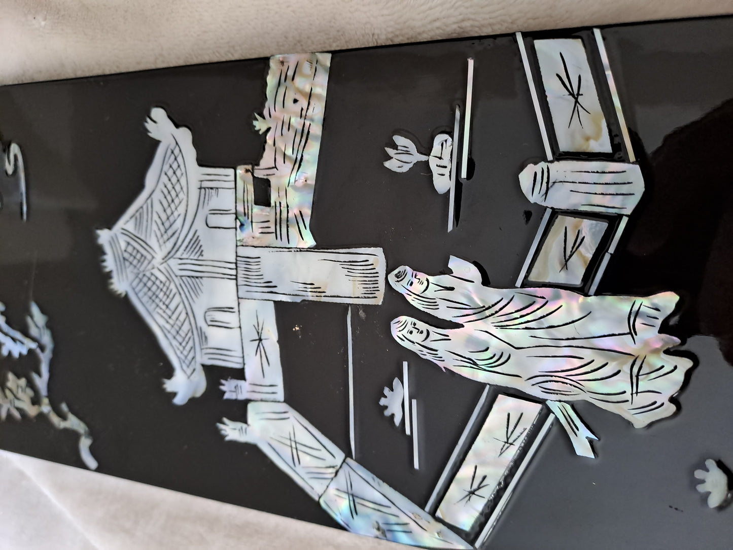 Panneau De Laque Marquetés Instration De Nacre. Balade au clair de lune.