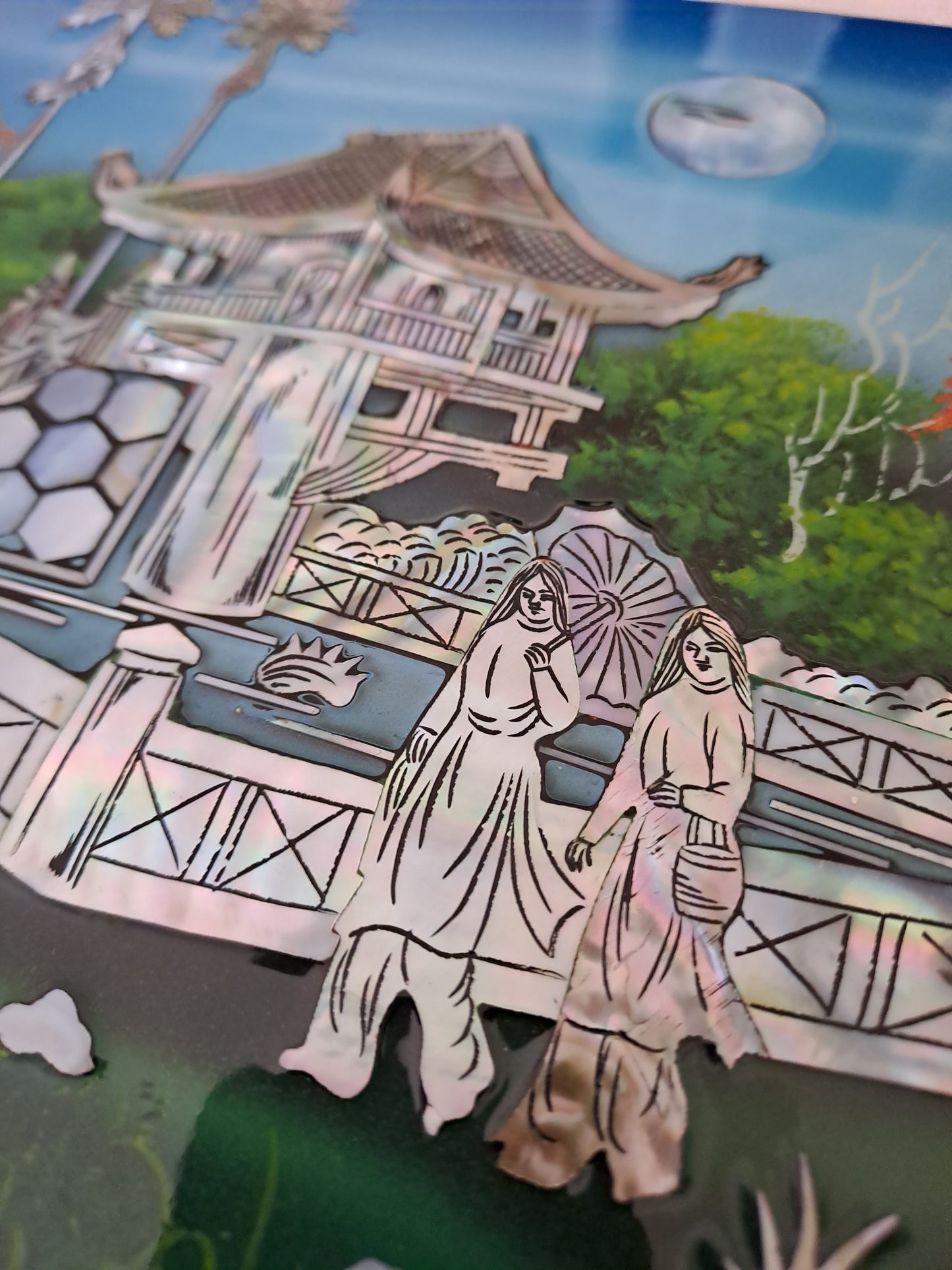 Panneau De Laque Marquetés Instration De Nacre. Balade nocturne. Ancien décoration vintage asiatique Asie.