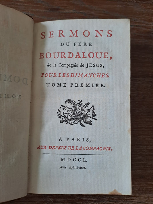 Sermons du Père Bourdaloue. T1. 1750. Ancien livre vintage.