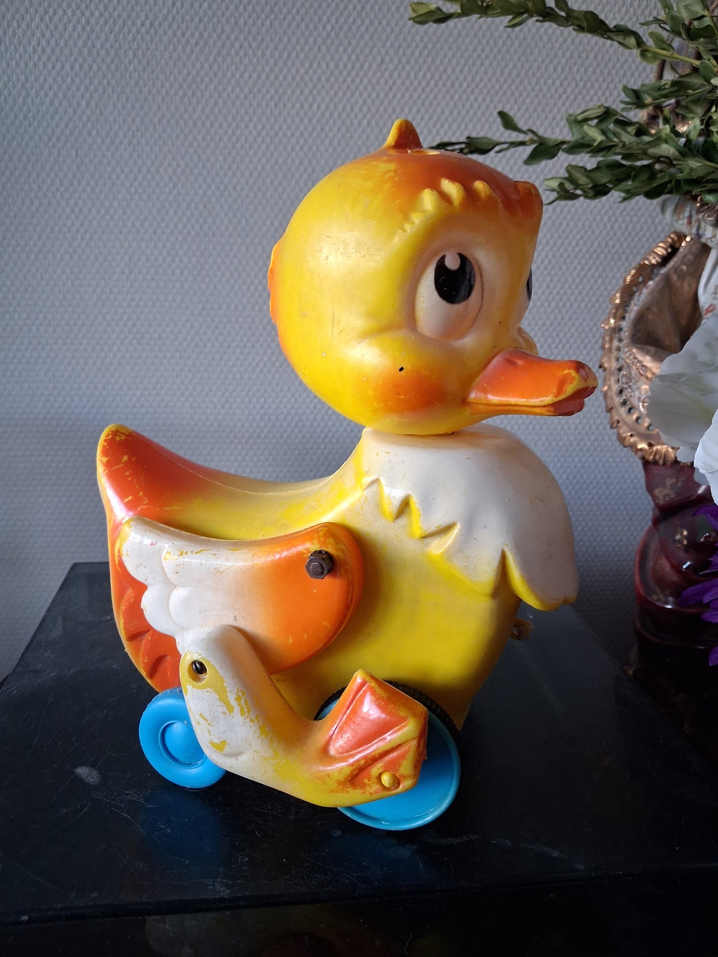 Jouet canard sur roulette années 50 ancienne decoration vintage