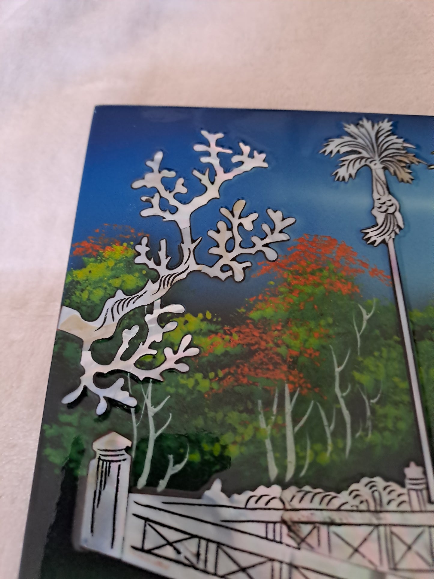 Panneau De Laque Marquetés Instration De Nacre. Balade nocturne. Ancien décoration vintage asiatique Asie.