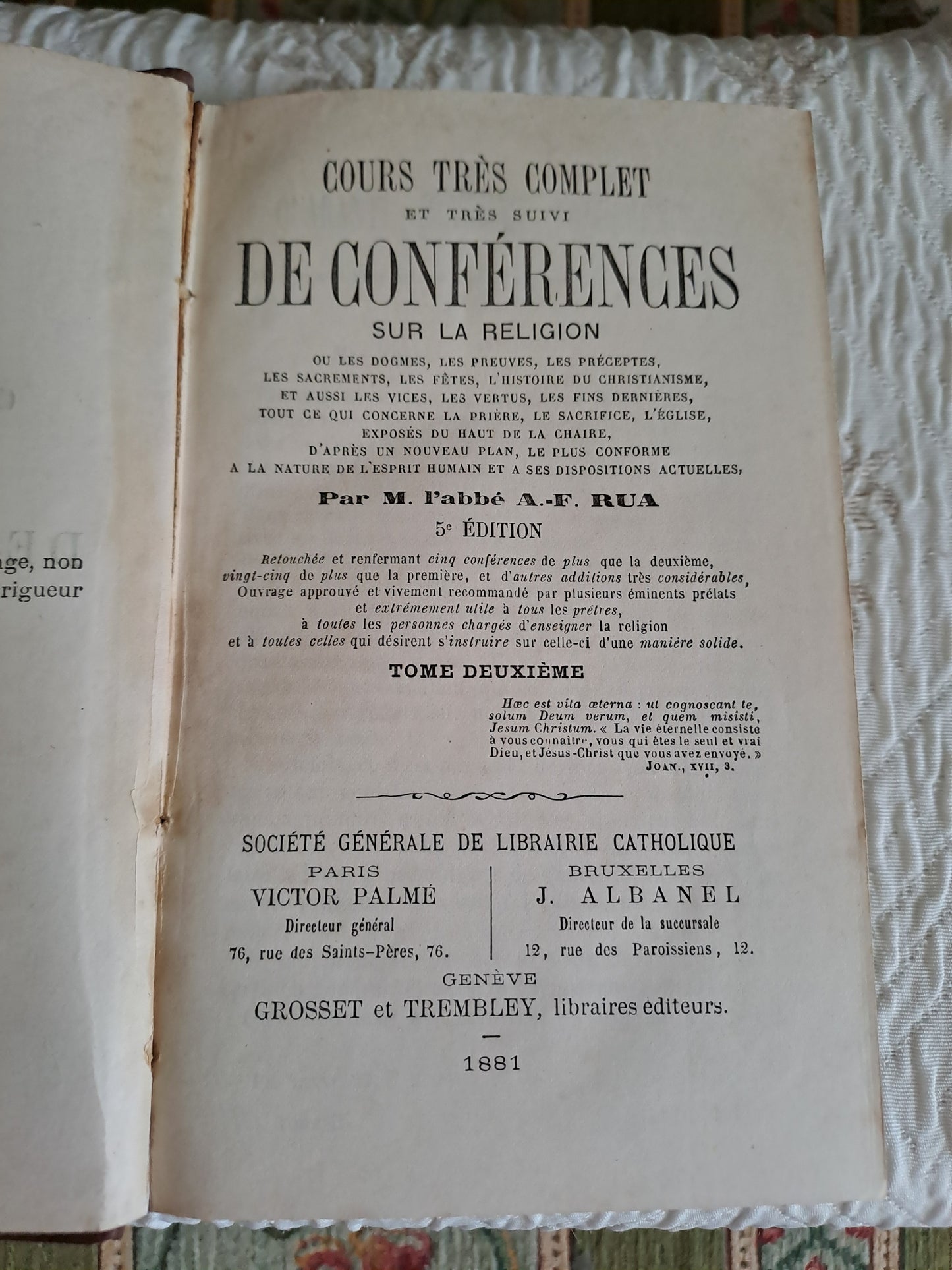 Cours et conférences sur la religion et les dogmes. Abbé Rua. T2. 1881. Ancien livre vintage catholique.