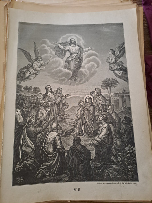 Gravure. L'ascension.  Ancien decoration vintage catholique