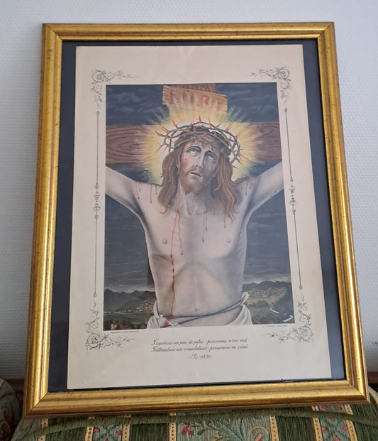 Gravure représentant Jésus-Christ crucifié. Cadre sous vitre. Ancien decoration vintage catholique.