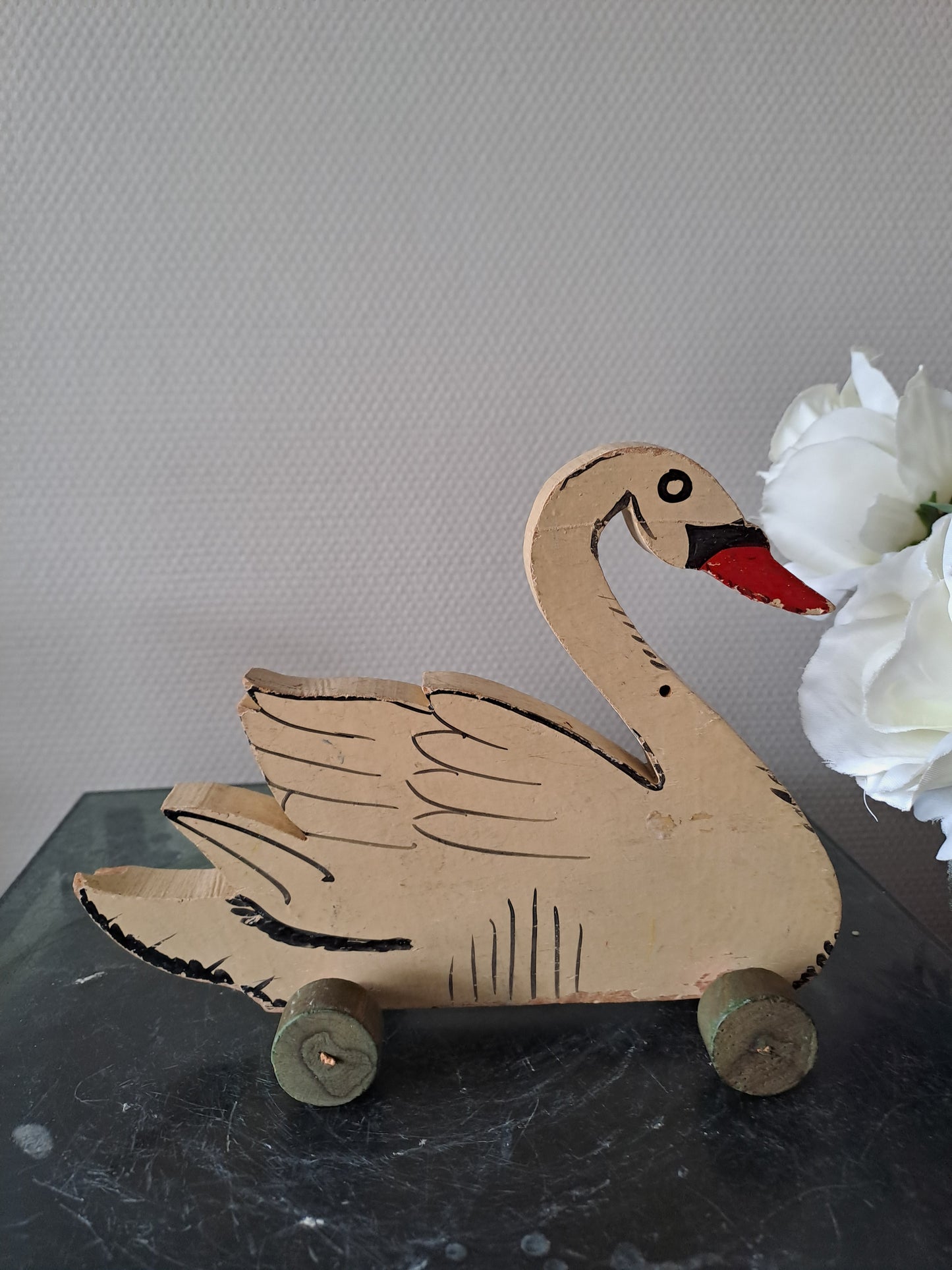 Jouet ancien. Cygne En Bois peint. Vintage.