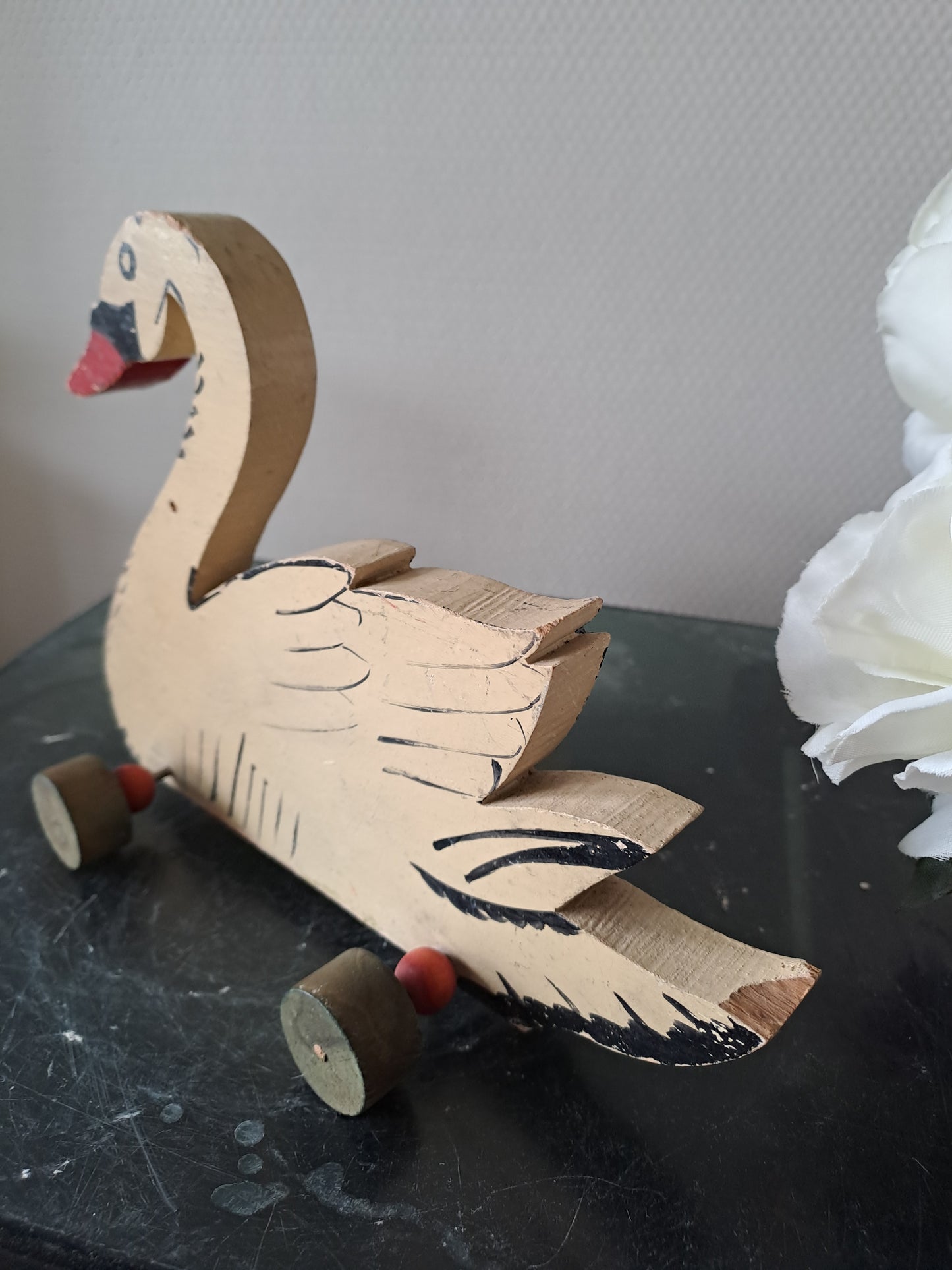 Jouet ancien. Cygne En Bois peint. Vintage.