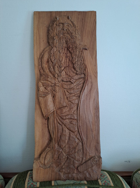 Statue en bois représentant Moïse en bas-relief. Ancien decoration vintage.