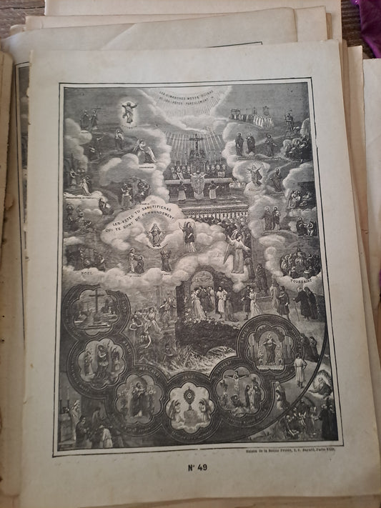 Gravure. Commandements de l'église. Ancien decoration vintage catholique.